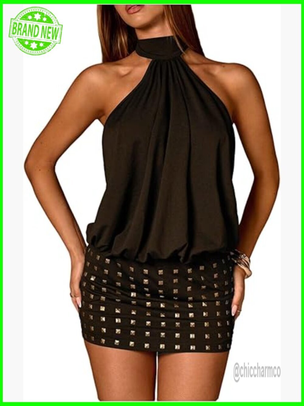 Rivet Studded Halter Dress Tie Backless Sleeveless Bodycon Mini